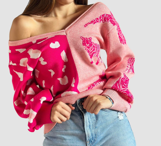 Buzo Tejido Rosado Fucsia Leopardo Mujer