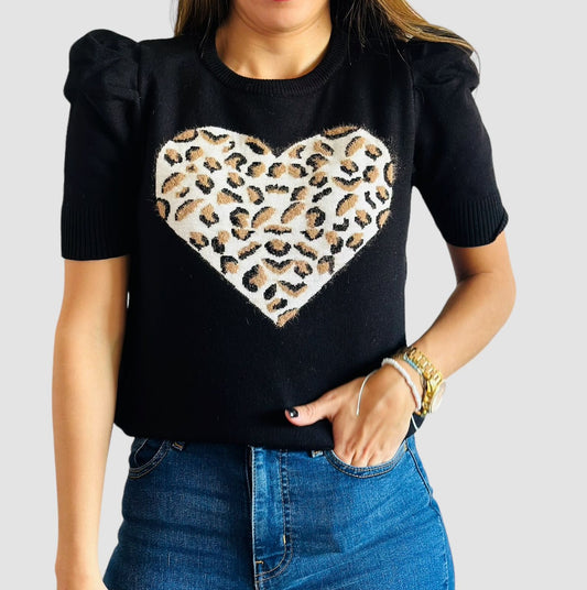 A Blusa Negra En Hilo Corazón Print