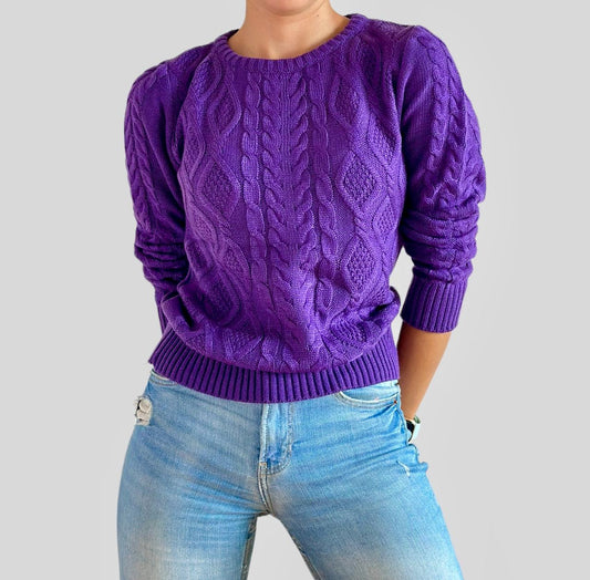 Buzo Trenza Tejido Cuello Redondo Morado