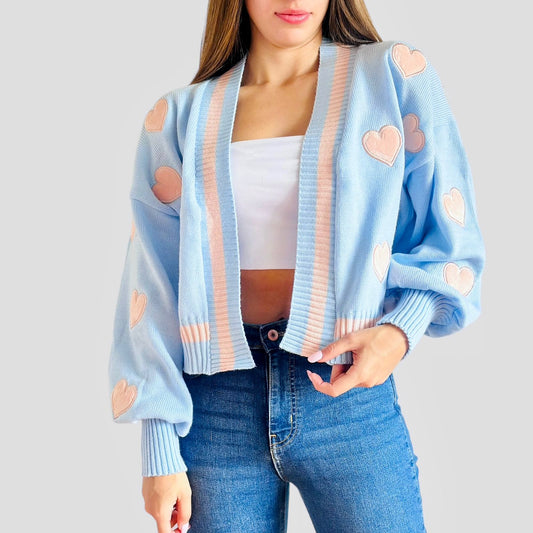 Saco Tejido Bordado para Mujer Azul Corazones